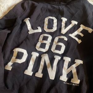 Victoria's Secret PINK Zip Up Black Hoodie with White Distressed Lettering